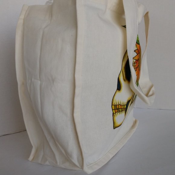 Hand Painted Skull Tote Bag: Sunflower Art, Reusable Canvas Bag 14x13x7 - Picture 7 of 16